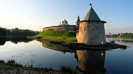 Pskov, Russia, September 11, 2023. City Kremlin on an island in the middle of the river.