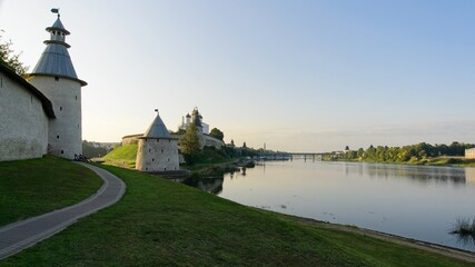 Pskov, Russia, September 11, 2023. The Velikaya River near the fortress walls at dawn.             ...