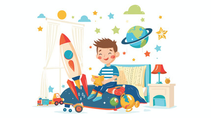 Happy child playing with rocket and globe toys in bed