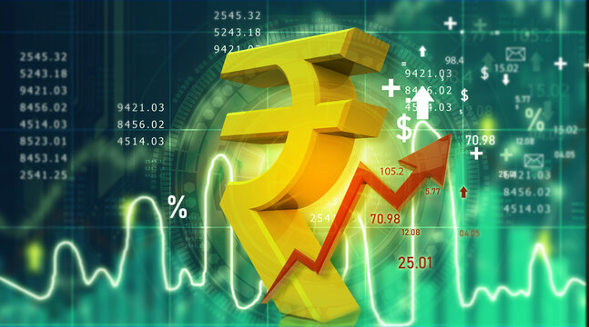 Indian rupees symbol on stock market background. 3d illustration.
