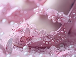 Obraz na płótnie Canvas Closeup of pink lace shoes with butterfly pearls, glitter, fantasy fairytale style, soft light, girl posing, dreamy background , 8K , high-resolution, ultra HD,up32K HD
