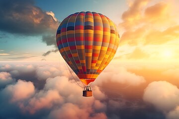 Fototapeta premium Hot air balloon flying high in the sky at sunset