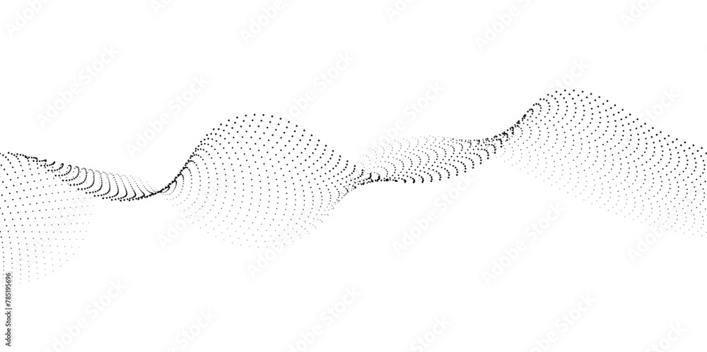 Poster flowing wave dot particles halftone pattern black gradient smooth curve shape isolated on transparen