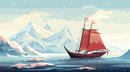 Old wooden sailboat floating in sea snowy rocky mountain - obrazy, fototapety, plakaty