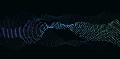 Flowing wave dot particles halftone pattern blue gradient curve shape isolated on transparent background. Digital future technology concept, science, banner, business, music. Vector illustration.