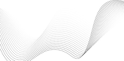 Flowing wave dot particles halftone pattern black gradient curve shape isolated on transparent background. Digital future technology concept, science, banner, business, music. Vector illustration.