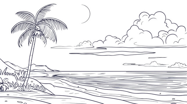 One continuous line drawing of beach with palm tree.