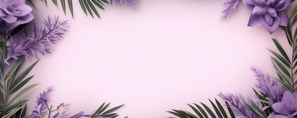 Lavender frame background, tropical leaves and plants around the lavender rectangle in the middle of the photo with space for text