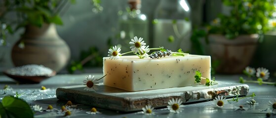 Artisanal Botanical Soap with Lavender & Mint on Wood. Concept Herbal Skincare, Natural Ingredients, Handcrafted Soaps, Aromatherapy, Bath and Beauty - obrazy, fototapety, plakaty