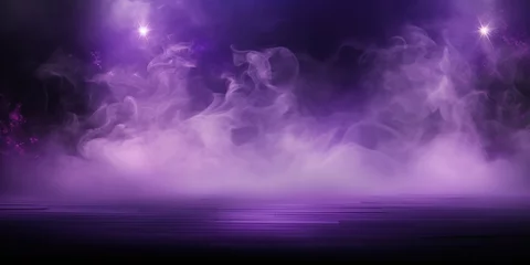 Fototapete Lavender stage background, lavender spotlight light effects, dark atmosphere, smoke and mist, simple stage background, stage lighting, spotlights © GalleryGlider