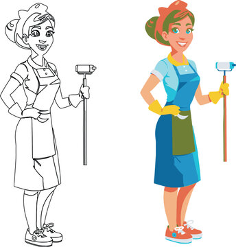 Cheerful cartoon cleaning ladies with tools