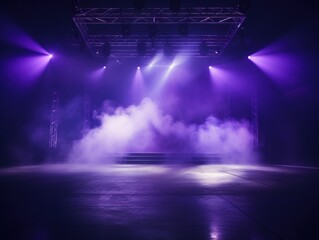 Lavender stage background, lavender spotlight light effects, dark atmosphere, smoke and mist, simple stage background, stage lighting, spotlights