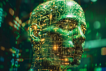 Abstract human head silhouette with binary code representing artificial intelligence