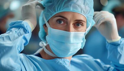 Focused Female Surgeon Preparing for Surgery female surgeon adjusts protective gear in operating room, ready to perform procedure.Eyes convey concentration, professionalism amidst surgical environment