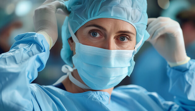 Focused Female Surgeon Preparing for Surgery female surgeon adjusts protective gear in operating room, ready to perform procedure.Eyes convey concentration, professionalism amidst surgical environment - Powered by Adobe