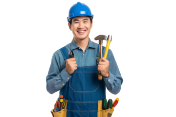 A happy construction worker in full equipment isolated on a transparent background