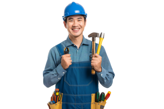 A happy construction worker in full equipment isolated on a transparent background
