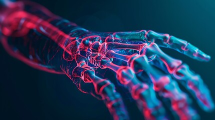 3D Render of Human Arm X-Ray in Red and Blue for Enhanced Medical Imaging