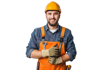 A happy construction worker in full equipment isolated on a transparent background