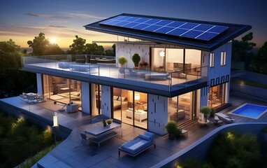 Smart home with solar panels on the roof - obrazy, fototapety, plakaty