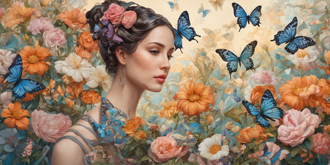 Abstract modern art collage portrait of a young woman with flowers and butterflies in Art Nouveau style
