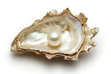A pearl oyster shell with gold edging, white background. Pearl in the center of an open seashell - obrazy, fototapety, plakaty
