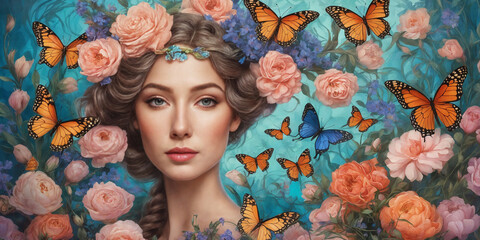 Abstract modern art collage portrait of a young woman with flowers and butterflies in Art Nouveau...