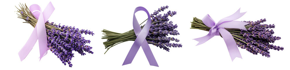 The lavender and lavender ribbon are on a transparent background. Prostate cancer awareness concept.
