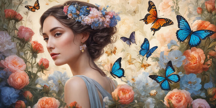 Abstract modern art collage portrait of a young woman with flowers and butterflies in Art Nouveau style - Powered by Adobe