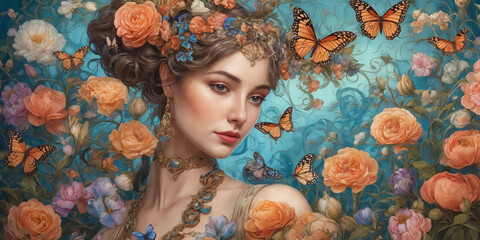Abstract modern art collage portrait of a young woman with flowers and butterflies in Art Nouveau style