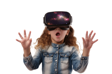 Happy children using virtual reality glasses isolated on a transparent background
