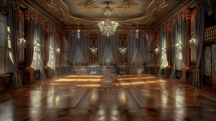 Luxurious Ballroom Affair: Lavish draperies, sizable chandelier, and gleaming floor create opulent ambiance.