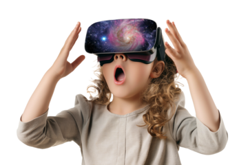 Happy children using virtual reality glasses isolated on a transparent background
