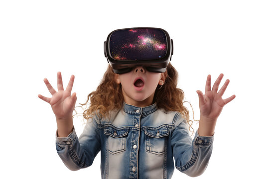 Happy children using virtual reality glasses isolated on a transparent background