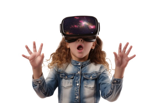 Happy children using virtual reality glasses isolated on a transparent background