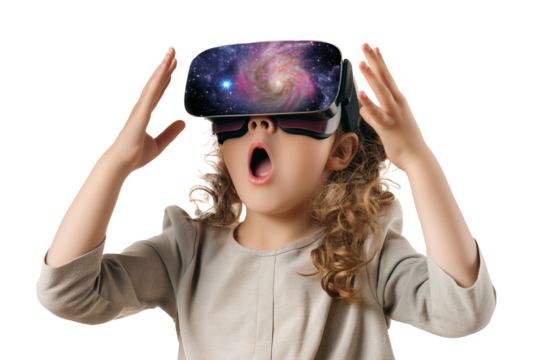 Happy children using virtual reality glasses isolated on a transparent background