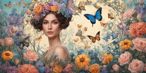 Abstract modern art collage portrait of a young woman with flowers and butterflies in Art Nouveau style