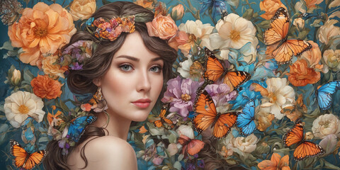 Abstract modern art collage portrait of a young woman with flowers and butterflies in Art Nouveau...