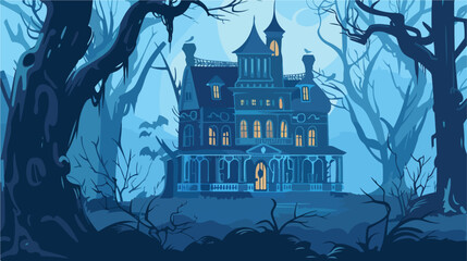 Haunted mansion shrouded in mist and mystery vector illustration - obrazy, fototapety, plakaty