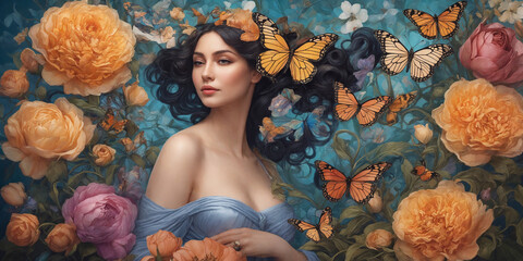 Abstract modern art collage portrait of a young woman with flowers and butterflies in Art Nouveau style