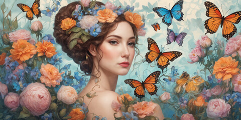 Abstract modern art collage portrait of a young woman with flowers and butterflies in Art Nouveau style