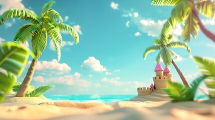 Fototapeta na wymiar Lively 3D Render of a Summer Beach Scene with Cartoon Palm Trees, Sandcastle, and Radiant Blue Sky