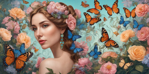 Abstract modern art collage portrait of a young woman with flowers and butterflies in Art Nouveau...