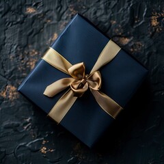 Dark blue gift box with gold satin ribbon on dark background. Top view of birthday gift with copy space