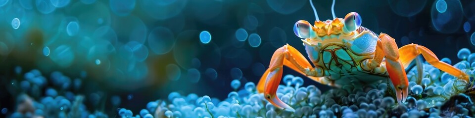 A wide panoramic image of a vibrant orange crab with large attentive eyes - Powered by Adobe