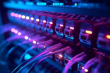 Fiber Optic cables connected to an optic ports in data center - obrazy, fototapety, plakaty