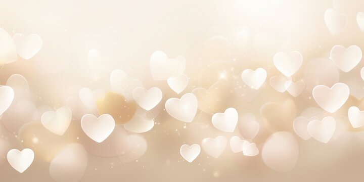Light beige background with white hearts, Valentine's Day banner with space for copy, beige gradient, softly focused edges, blurred