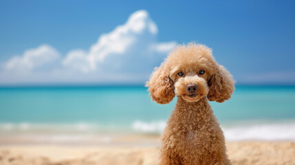 poodle cub with adorable facial expression against beach side background - obrazy, fototapety, plakaty