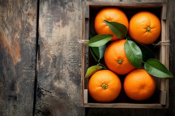 Oranges with leaves in an old box on a wooden table, orange with leaves, orange closeup, orange on a wooden table, orange, healthy food, healthy concept