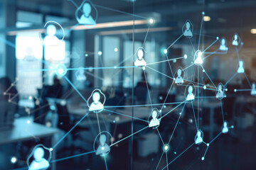 Human icons connect to each other on an office background